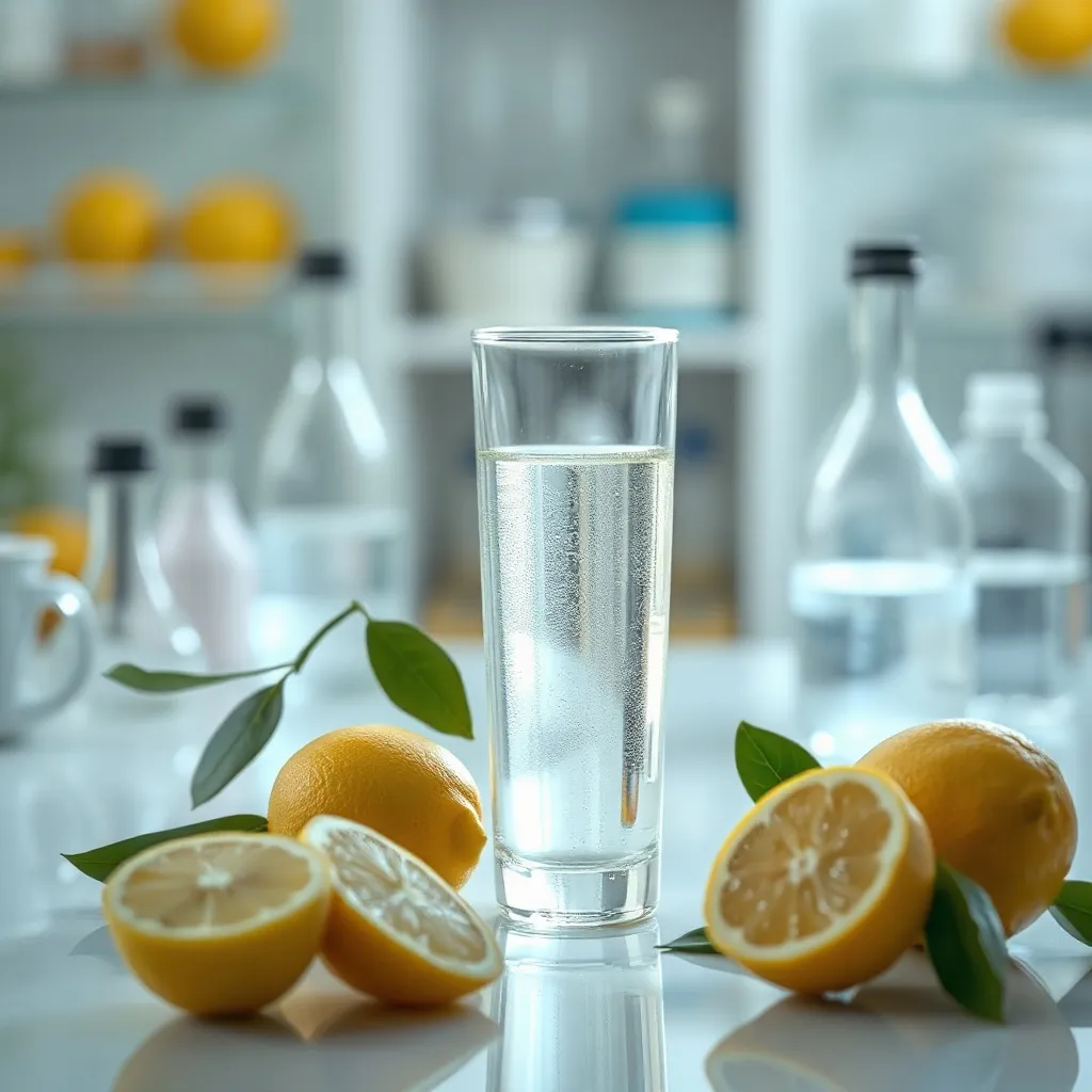 Laboratory setting with focus on a glass of water and fresh