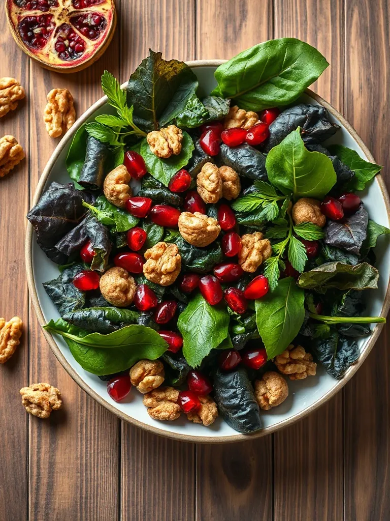 Top view of a Mediterranean salad with dark leafy greens, po