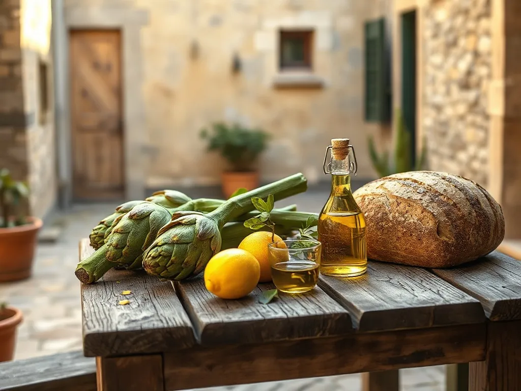 A rustic wooden table in a Sicilian courtyard with fresh art