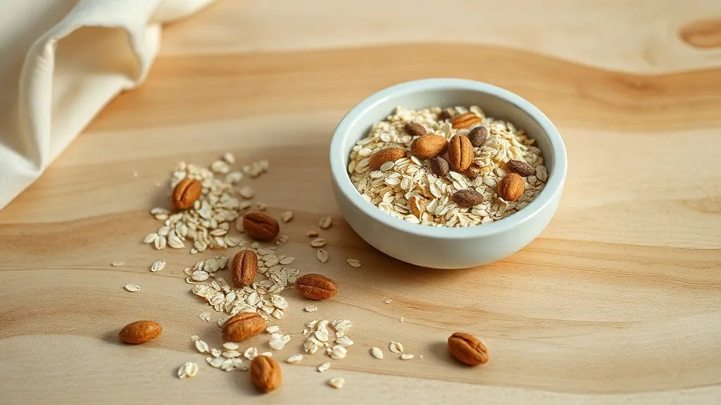 A minimalist still life with a single bowl of oats and nuts